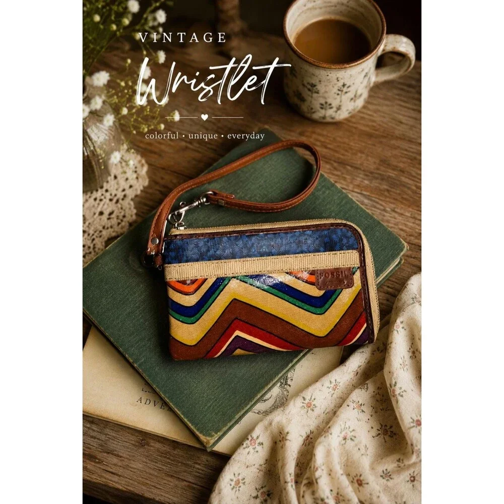 Fossil Key-Per Chevron Wristlet | Wallet Multicolor Coated Canvas with Leather T